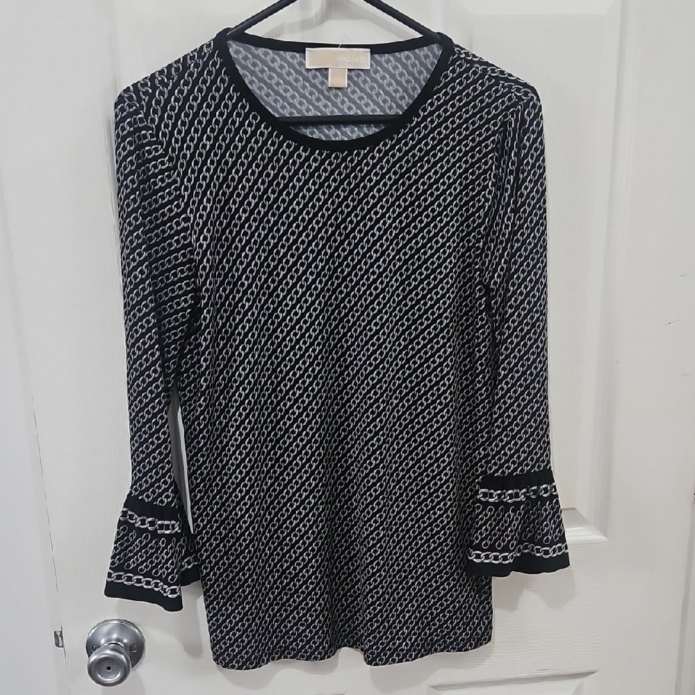 Michael Kors Womens Black White Chain Print Bell Sleeve Top S Corporate Goth
